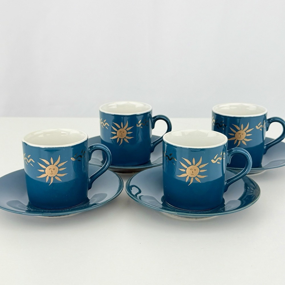 Vintage Made in Japan Miniature Espresso Cups & Saucers Set Blue Gold Sun Faces
